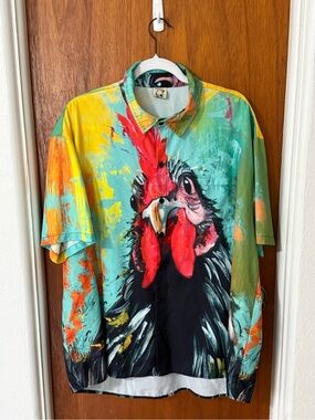 Hardaddy Turquoise Rooster Graphic Short-Sleeve Button-Down Shirt
